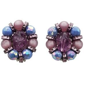 1960s Hobe Cluster Clip On Earrings Blue Pink Bead Statement Vintage MCM Pin Up